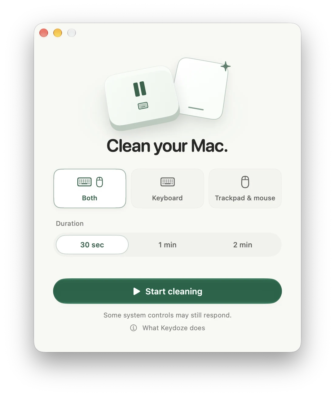 Keydoze’s Mac app: choose both inputs, keyboard, or trackpad and mouse; set a 30-second, one-minute, or two-minute timer; then start cleaning.